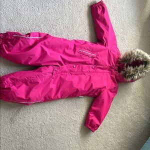 Pink Kids One Piece Bodysuit with Faux Fur Hood